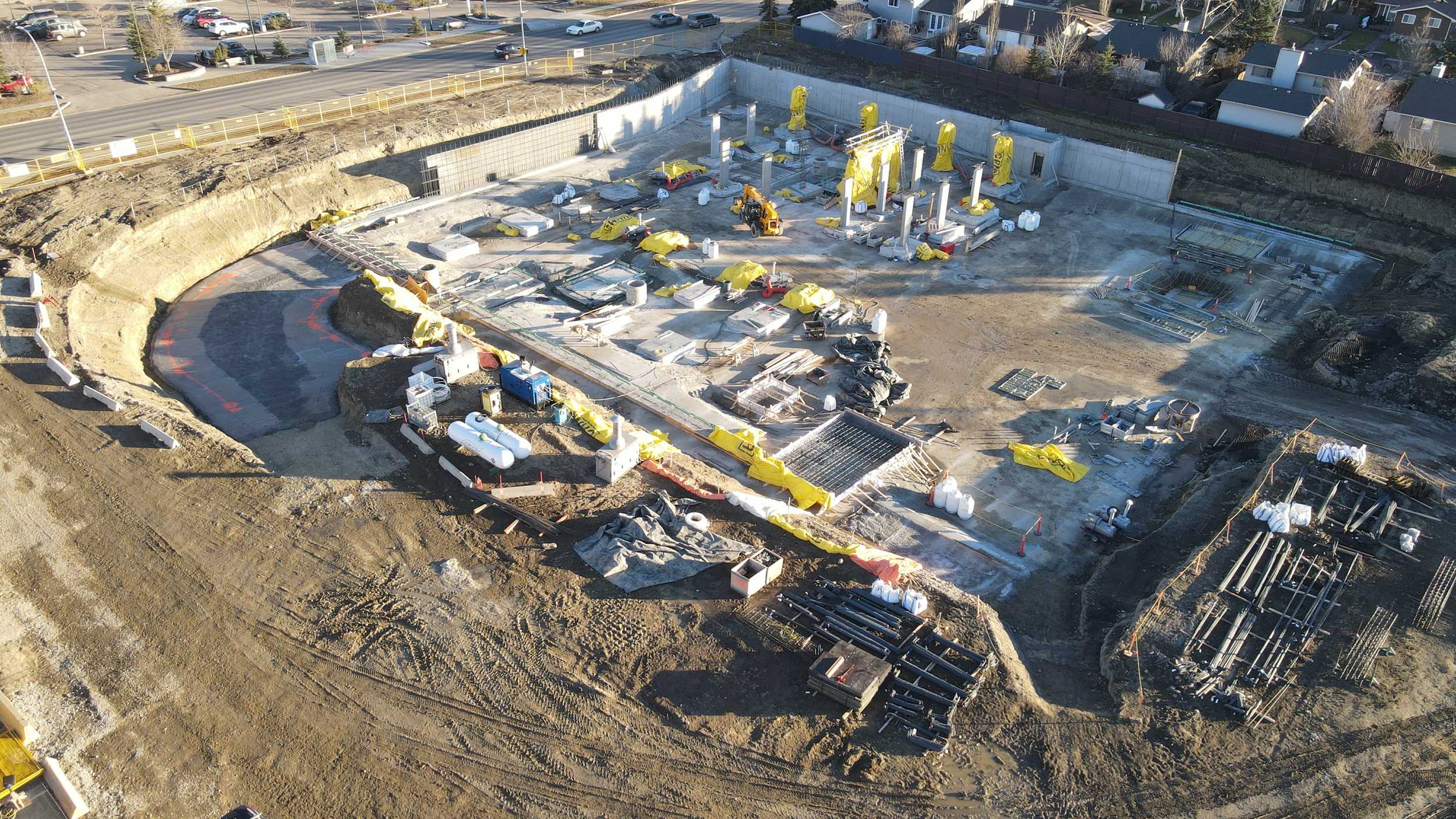 Construction site with concrete building foundation